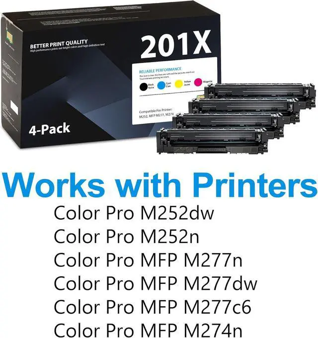Alt view image 2 of 6 - 201X Toner Cartridges 4 Pack High Yield (with Chip) Black Cyan Magenta Yellow Compatible with HP Laserjet Pro M252dw M252n Pro MFP M277n M277dw M277c6 M274n | CF400X CF401X CF402X CF403X