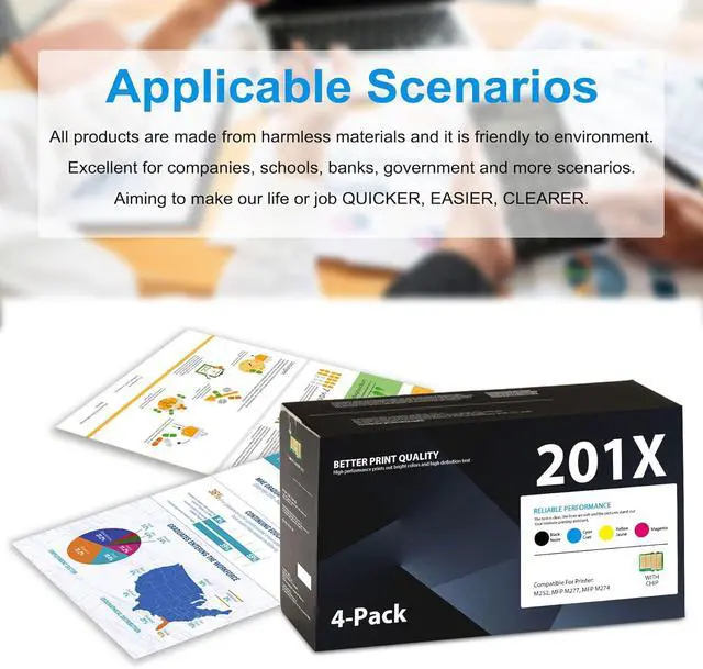 Alt view image 6 of 6 - 201X Toner Cartridges 4 Pack High Yield (with Chip) Black Cyan Magenta Yellow Compatible with HP Laserjet Pro M252dw M252n Pro MFP M277n M277dw M277c6 M274n | CF400X CF401X CF402X CF403X