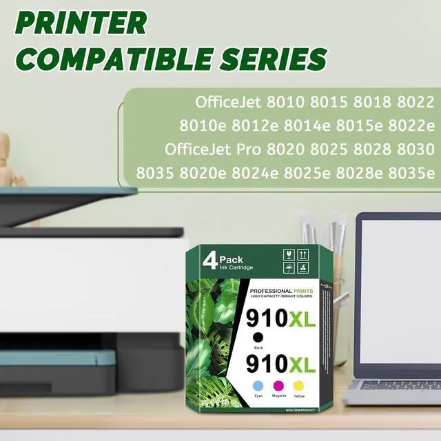 Alt view image 2 of 6 - 910XL High-Yield Ink Cartridges (4-Pack, Black/Cyan/Magenta/Yellow) - Compatible 910 XL Ink Replacement for HP OfficeJet 8010 8015 8018 Pro 8020 8025 8028 8030 8035 8025e 8028e Printer