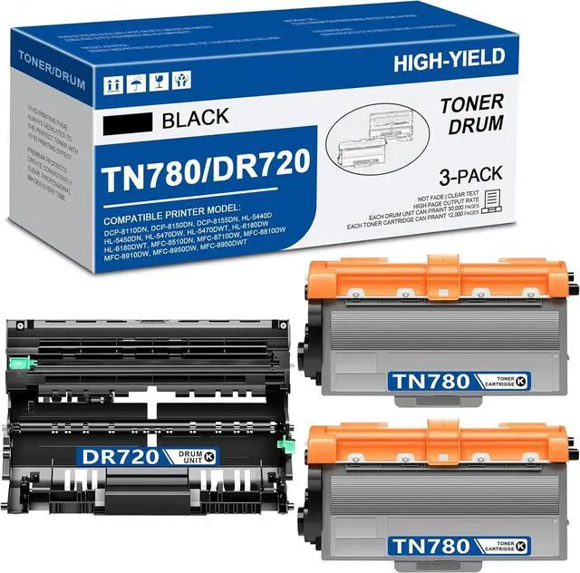 Main image of TN780 Toner Cartridge DR720 Drum Unit High Yield Replacement for Brother DR720 DR-720 TN780 TN-780 TN750 Compatible for HL-5450DN HL-5470DW MFC-8710DW MFC-8910DW DCP-8150DN Printer (BlacK, 3-Pack)