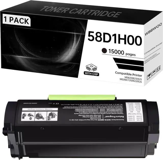 Main image of 58D1H00 Compatible Black Toner (15,000 Pages) Cartridge - with Chip - Compatible with Lexmark MS821 MS823 MS825 MS822 MS826 MS725 MX725 MX822 MX826 Laser Printers 58D1H00 58D1U00 (1-Pack)