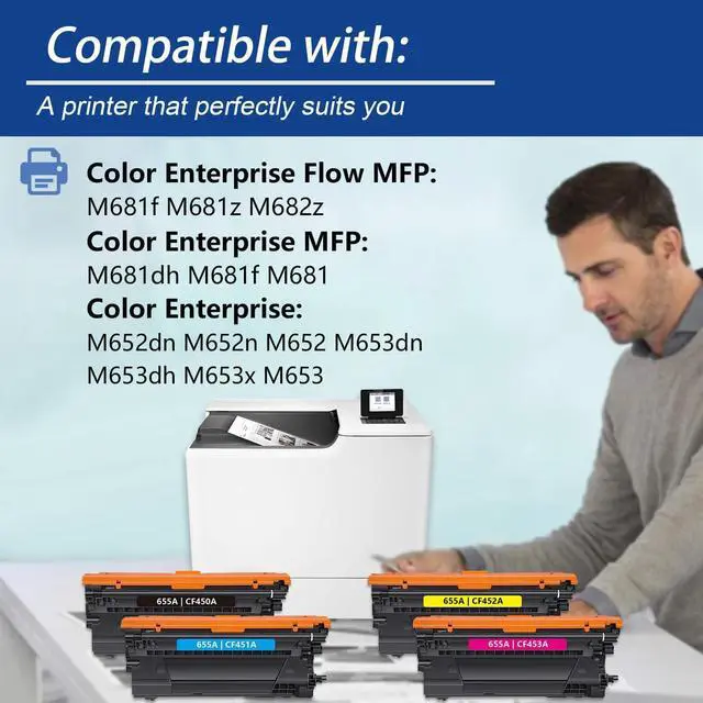 Alt view image 2 of 7 - 655A Toner Cartridge Replacement for HP 655A CF450A CF451A CF452A CF453A Toner Works with Color Enterprise M652dn M652n M653dn M653dh MFP M681dh M681f Printer Toner (4Pack-BK/C/M/Y)