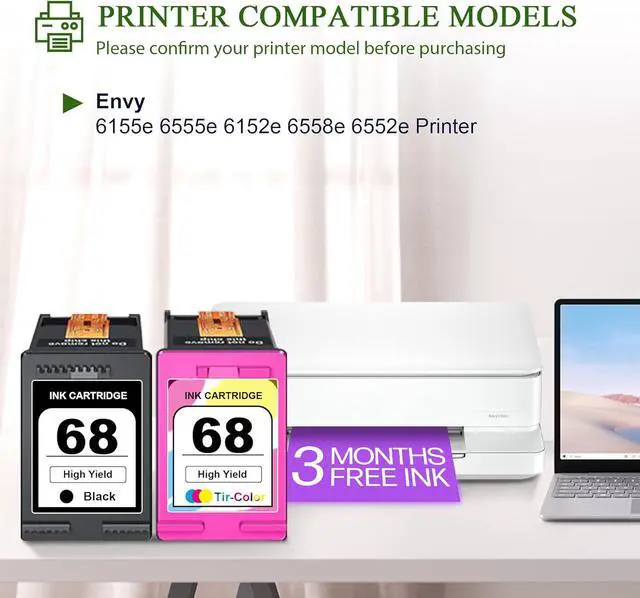 Alt view image 2 of 7 - 68 Ink Black & 68 Tri-Color Ink Replacement for HP 68 XL Ink Cartridges Work Envy 6152e 6155e 6552e 6555e 6558e Printers (2-Pack)