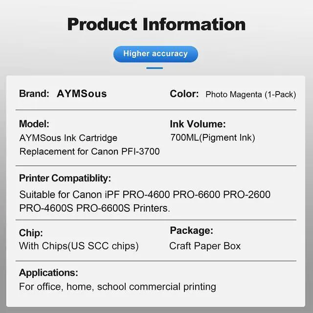 Alt view image 2 of 6 - PFI-3700 Pigment Ink Cartridge Replacement for Canon PFI 3700 PFI-3700PBK for Canon imagePROGRAF PRO-2600 PRO-4600 PRO-6600 GP-2600S GP-4600S GP-6600S Printers700ML Photo Magenta