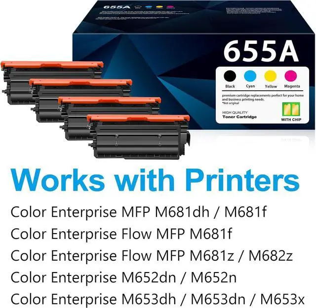Alt view image 2 of 6 - 655A Toner Cartridges (with Chip) Compatible for HP 655A for Enterprise M652 M653, Color Enterprise MFP M681 M682 Series Printer Ink CF450A CF451A CF452A CF453A (Black Yellow Cyan Magenta, 4 Pack)