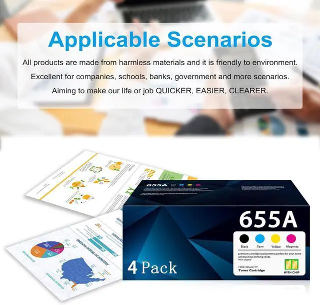 Alt view image 6 of 6 - 655A Toner Cartridges (with Chip) Compatible for HP 655A for Enterprise M652 M653, Color Enterprise MFP M681 M682 Series Printer Ink CF450A CF451A CF452A CF453A (Black Yellow Cyan Magenta, 4 Pack)