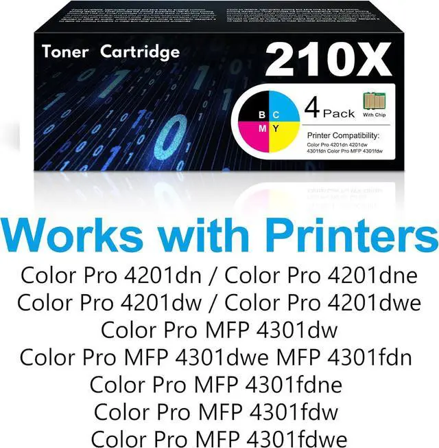 Alt view image 2 of 6 - 210X Toner Cartridges 4 Pack with Chip MFP 4301fdw Replacement for 210X W2100X 210A W2100A High Yield for Color Pro 4201dn 4201dw MFP 4301fdn Printer Ink Black Cyan Yellow Magenta