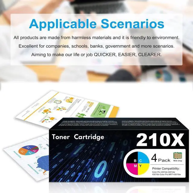 Alt view image 6 of 6 - 210X Toner Cartridges 4 Pack with Chip MFP 4301fdw Replacement for 210X W2100X 210A W2100A High Yield for Color Pro 4201dn 4201dw MFP 4301fdn Printer Ink Black Cyan Yellow Magenta