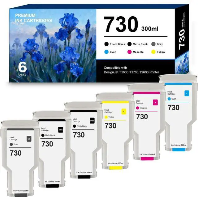 Main image of Remanufactured 730 Ink Cartridges Replacement for HP730 HP 730 Ink 300ml P2V68A P2V69A P2V70A P2V71A P2V72A P2V73A Compatible with DesignJet T1600 T1700 T2600 PrintersPBK MBK C M Y G 6-Pack
