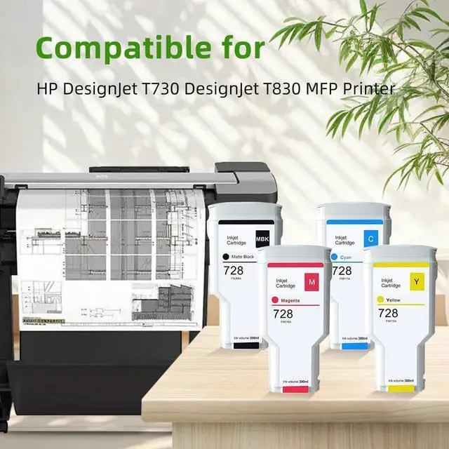 Alt view image 2 of 5 - 728 Ink Cartridge 4 Color(MBK,CY,MG,YL) 4 x 300ml Compatible for HP 728 Ink Cartridge F9J68A F9K17A F9K16A F9K15A Replacement for HP DesignJet T730 T830 MFP Series Printer