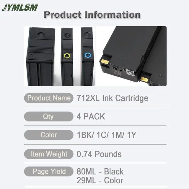 Alt view image 2 of 7 - 712XL Ink Cartridges Remanufactured High Yield Replacement for HP 712 712XL 712 XL, for DesignJet T650 T630 T230 T210 Studio Plotter Printer, 712XL Ink cartridges Combo Pack (4 Pack)