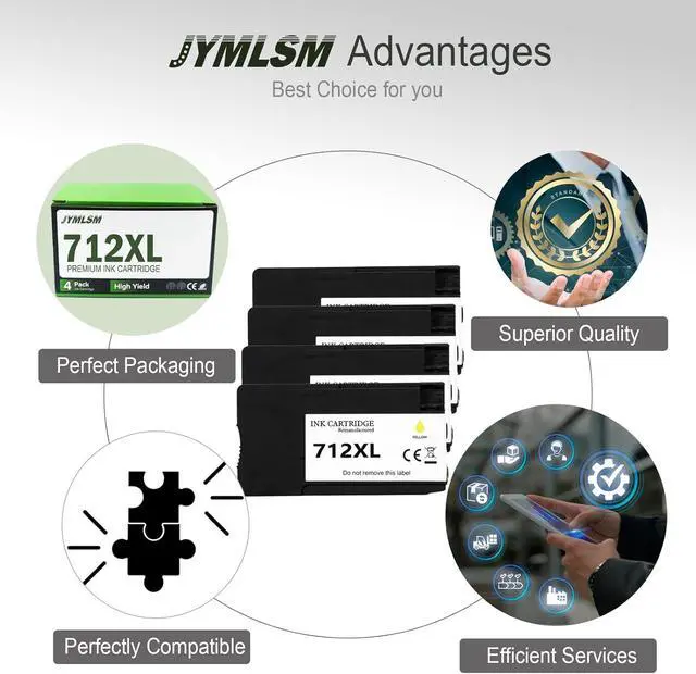 Alt view image 7 of 7 - 712XL Ink Cartridges Remanufactured High Yield Replacement for HP 712 712XL 712 XL, for DesignJet T650 T630 T230 T210 Studio Plotter Printer, 712XL Ink cartridges Combo Pack (4 Pack)