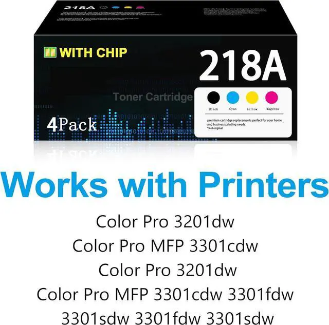 Alt view image 2 of 6 - 218A Toner Cartridges (with Chip) Replacement for 218A W2180A 218X W2180X Toner Cartridges Works with Color Laser Pro 3201dw MFP 3301 3301fdw 3301sdw 3301cdw Printer (KCYM, 4 Pack)