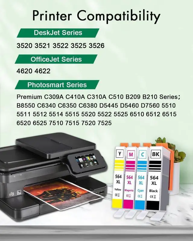 Alt view image 2 of 6 - 564XL Ink Cartridges Combo Pack (4-Pack, 1Black/1Cyan/1Magenta/1Yellow) Replacement for HP 564 564XL High Yield Ink for PhotoSmart 7520 7525 5520 6520 6510 C309G DeskJet 3520 3522 Printer
