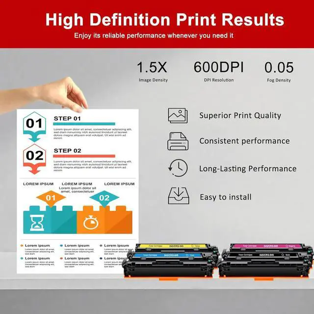 Alt view image 4 of 6 - 045 Toner cartridges Set Replacement for CRG-045 Toner Compatible with Color imageCLASS MF631Cn MF632Cdw MF633Cdw MF634Cdw LBP612Cdw LBP613Cdw LBP610C Printer (4 Pack,Black Cyan Magenta Yellow)