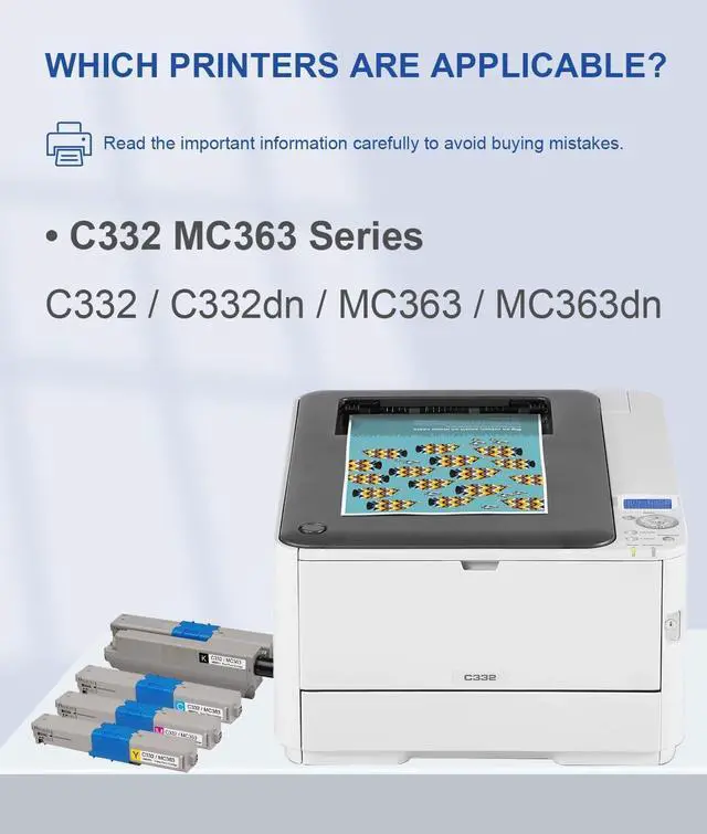 Alt view image 2 of 6 - C332/MC363 Toner Cartridges 4 Pack(BK/C/M/Y): 46508704 46508703 46508702 46508701 Toner Cartridge Replacement for OKI C332 C332dn MC363 MC363dn Printer