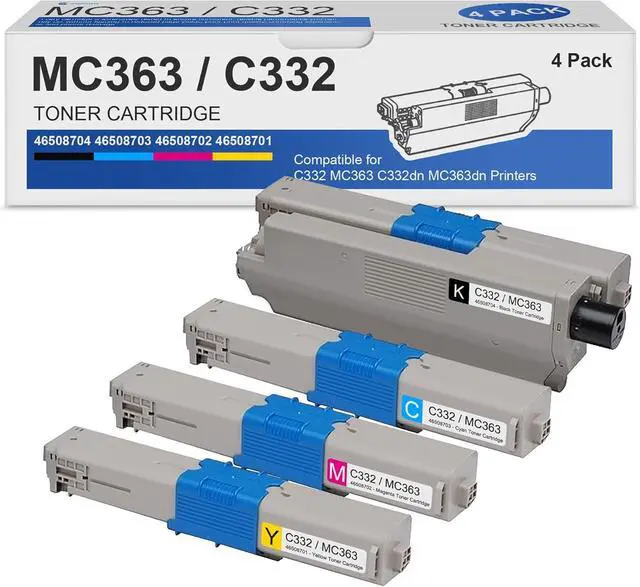 Main image of C332/MC363 Toner Cartridges 4 Pack(BK/C/M/Y): 46508704 46508703 46508702 46508701 Toner Cartridge Replacement for OKI C332 C332dn MC363 MC363dn Printer