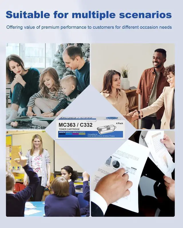 Alt view image 6 of 6 - C332/MC363 Toner Cartridges 4 Pack(BK/C/M/Y): 46508704 46508703 46508702 46508701 Toner Cartridge Replacement for OKI C332 C332dn MC363 MC363dn Printer