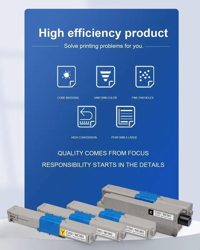 Alt view image 4 of 6 - C332/MC363 Toner Cartridges 4 Pack(BK/C/M/Y): 46508704 46508703 46508702 46508701 Toner Cartridge Replacement for OKI C332 C332dn MC363 MC363dn Printer