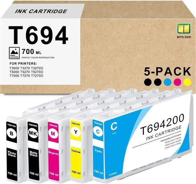 Main image of Remanufactured T694 Ink Cartridge 5-Pack High Capacity 700ml Replacement for T694100 T694200 T694300 T694400 T694500 Ink Use for SureColor T3000 T3270 T3270D T5000 T5270 T5270D T7000 T7270 Printer Ink