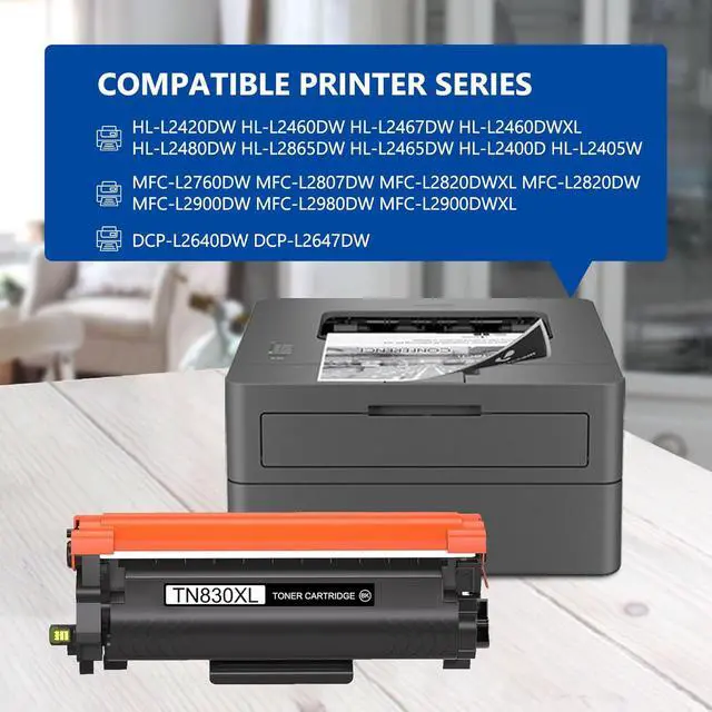 Alt view image 2 of 7 - 4-Pack TN830XL Toner Cartridges (with chip) Replacement for Brother TN830 TN-830 TN830XL Compatible with HL-L2460DW DCP-L2640DW HL-L2405W HL-L2400D HL-L2480DW MFC-L2820DW Printer