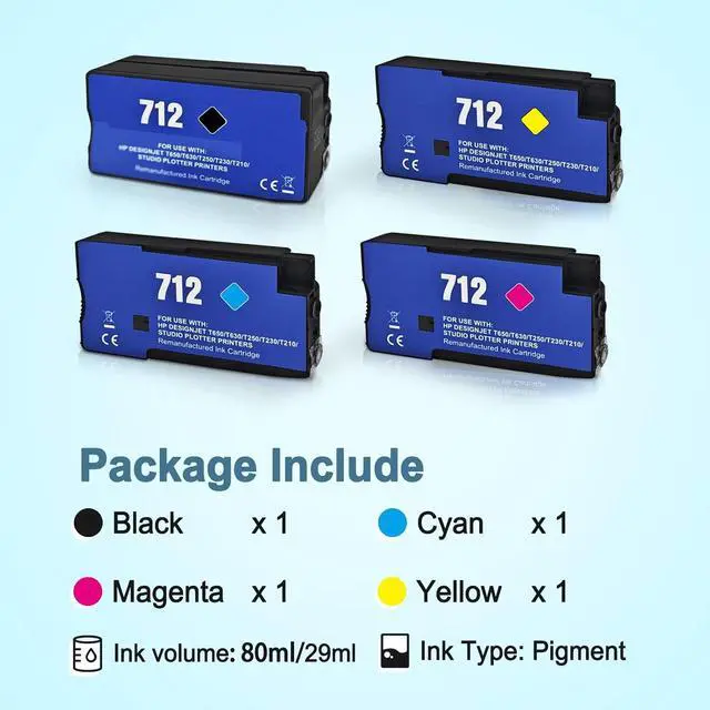 Alt view image 4 of 7 - 712 Ink Cartridges Set 712XL Compatible with HP DesignJet T210 T230 T250 T630 T650 Studio Plotter Printers (4-Pack, Black, Cyan, Magenta, Yellow)