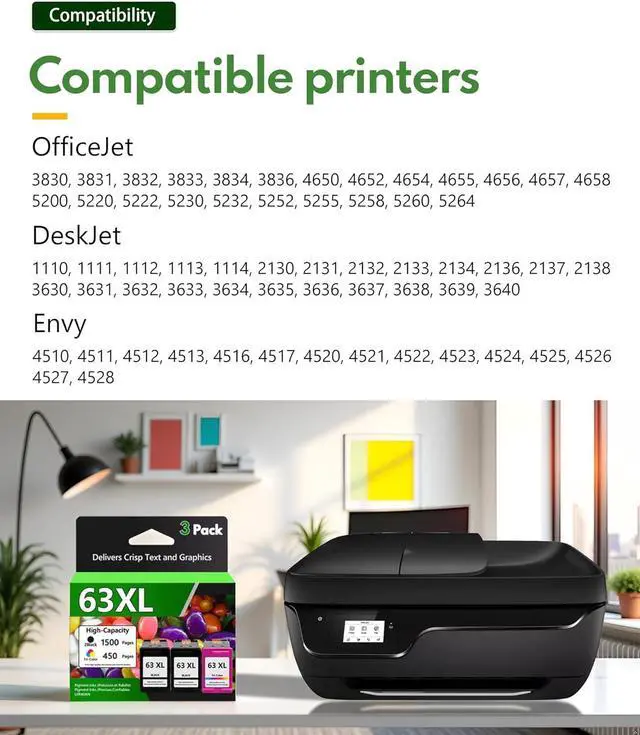 Alt view image 3 of 7 - 63XL Ink Cartridges Combo Pack (2Black+1Tir-Color) Replacement for HP Ink 63 XL Work for OfficeJet 3830 4650 5255 5258 5200; Envy 4520 4512 4510; DeskJet 1112 2130 3630 (3 Pack)