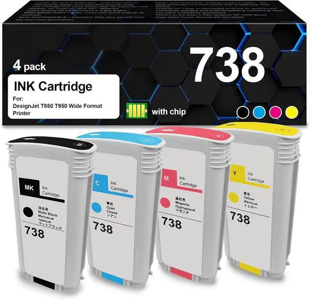 Main image of 738 Ink Cartridge 738XL Compatible for HP 738 Ink DesignJet T850 T950 Printers (4Packs,Black, Cyan, Magenta, Yellow,498N5A 498N6A 498N7A 498N8A)
