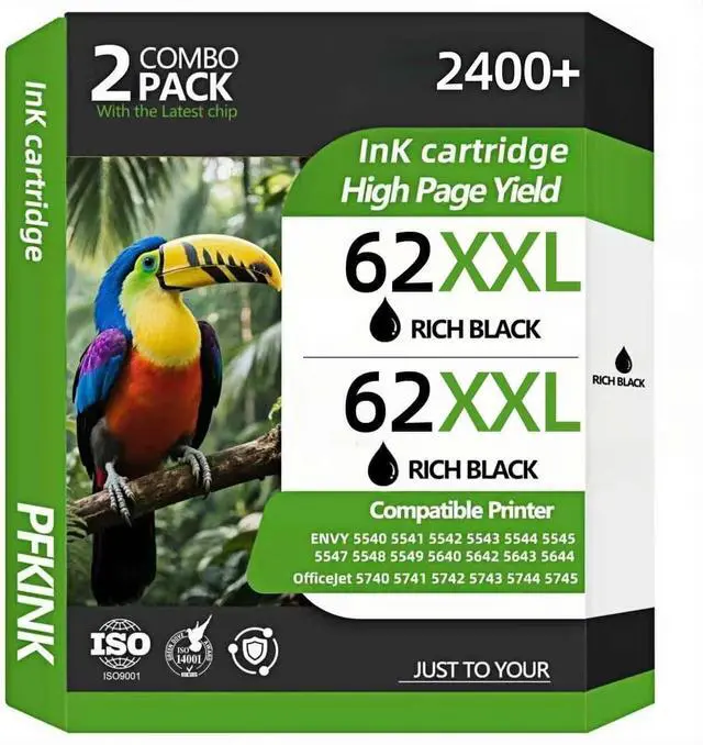Main image of 62XXL Ink Cartridges Replacement for HP Ink 62, 62xl Black Ink cartridges Compatible with Envy 5540 7640 5640 5660 7644 7645 7643 OfficeJet 5740 8040 5745 (2Black)