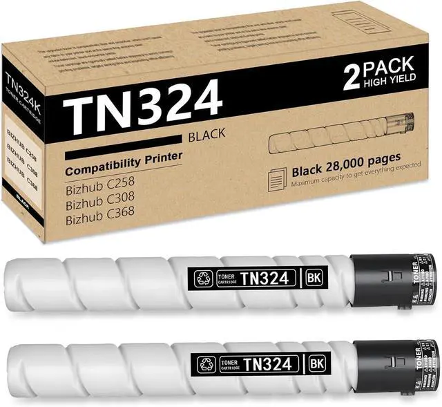Main image of TN324 TN324BK Toner Cartridge 2-Pack Replacement for Konica Minolta TN324K (A8DA130) Toner to use with Bizhub C258 C308 C368 Printer, up to 28,000 Pages