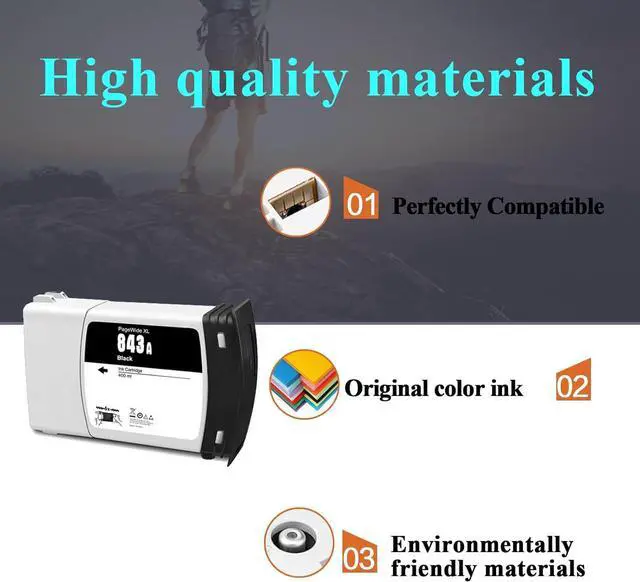 Alt view image 5 of 6 - 843A Ink Cartridge 400-ml Compatible with C1Q57A C1Q58A C1Q59A C1Q60A High Yield Ink Replacemt for HP PageWide XL 4000 4100 4500 4600 5000 5100 Wide Format Printers 4P(BK/C/M/Y)