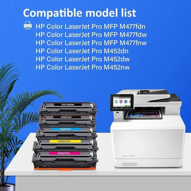 Alt view image 2 of 7 - 410A Toner Cartridges 5 Pack (with Chip) Replacement for HP 410A 410X Compatible with MFP M477fdw M477fdn M477fnw M452dn M452dw M452nw M377dw Printer Toner CF410A CF411A CF412A CF413A (B/C/Y/M)