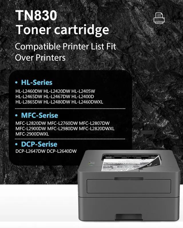 Alt view image 2 of 7 - (2 Black TN830 Toner Cartridge) Replacement for Brother TN830 TN-830 TN830XL Toner to use with HL-L2460DW MFC-L2820DW HL-L2405W HL-L2400D HL-L2480DW DCP-L2640DW Printer