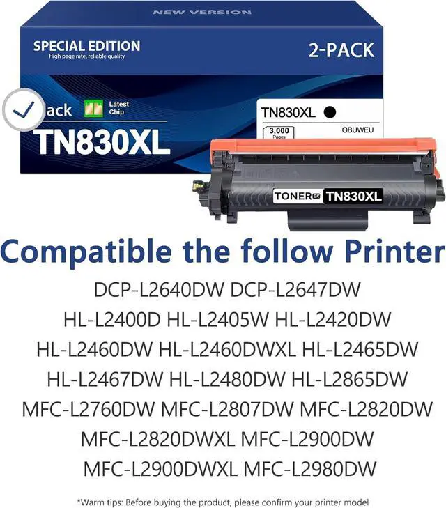 Alt view image 2 of 7 - (2 Black TN830XL Toner Cartridge) High Yield - Replacement for Brother TN830XL TN-830XL TN830 TN-830 Toner to use with HL-L2460DW MFC-L2820DW HL-L2405W HL-L2400D HL-L2480DW DCP-L2640DW Printer
