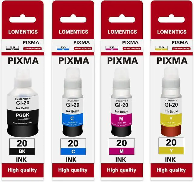 Main image of GI-20 Ink Bottle Set - Lomen Compatible GI20 Refill Ink Bottles Replacement for Canon Pixma G6020 G5020 G7020 Printer (1Black/1Cyan/1Magenta/1Yellow, 4-Pack)