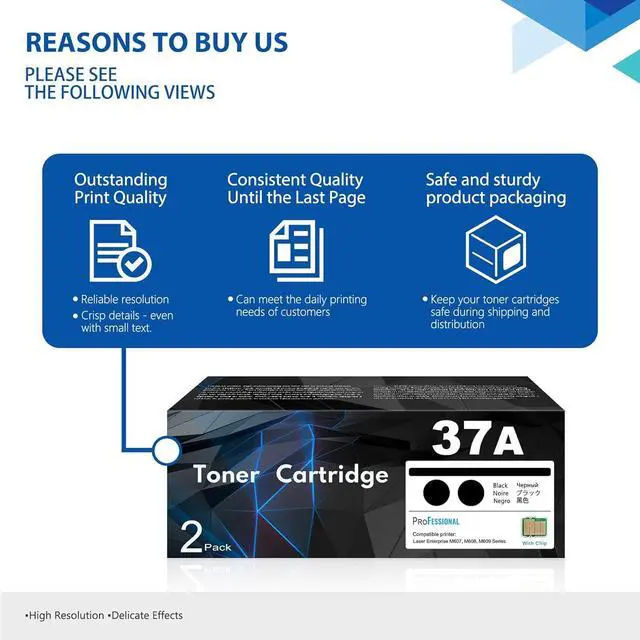 Alt view image 6 of 7 - 37A CF237A Toner Cartridge Black 2-Pack: Replacement for HP 37A Toner Cartridge 37X CF237X Toner Works with Laser Enterprise M607, M608, M609 Series; MFP M631, M632, M633 Series Printer (with Chip)