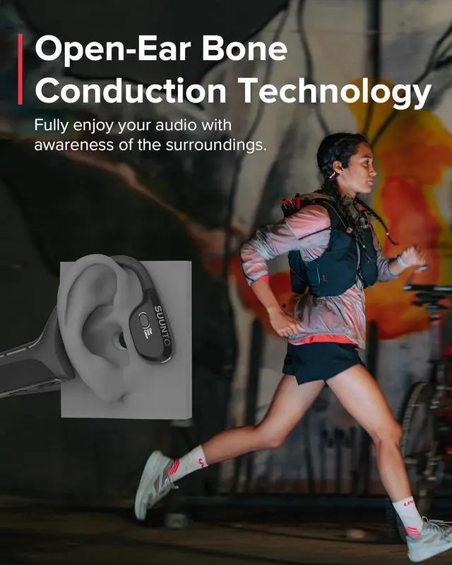 Alt view image 2 of 7 - SUUNTO Wing Open-Ear Bone Conduction Headphone, Bluetooth Sports Earphone with Head Movement Control, Built-in Dual-Mic, IP67 Waterproof, Safety LED Lights, Up to 30H Playtime w/Charging Stand, Black