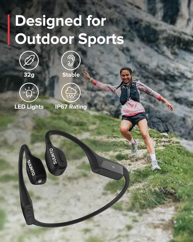 Alt view image 7 of 7 - SUUNTO Wing Open-Ear Bone Conduction Headphone, Bluetooth Sports Earphone with Head Movement Control, Built-in Dual-Mic, IP67 Waterproof, Safety LED Lights, Up to 30H Playtime w/Charging Stand, Black
