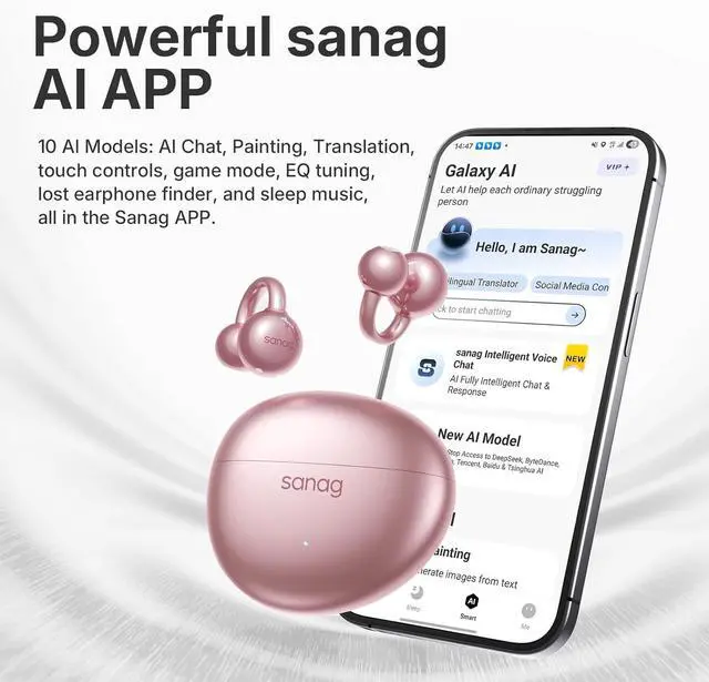 Alt view image 5 of 7 - Sanag S7S AI Open Ear Free Clip-On Headphones, HiFi 20Hz Lossless Bass Earbuds, True Wireless Bluetooth Earphones with Microphone, IPX4 Waterproof Sports Running, Sleep Music Smart AI App (Black)