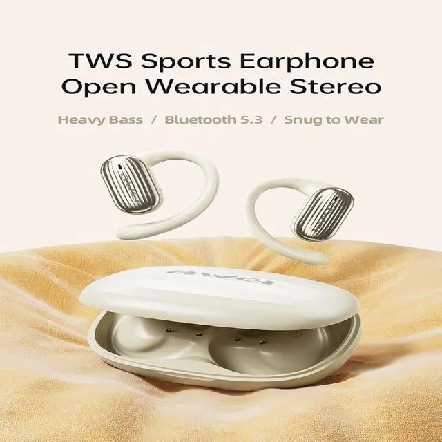 Alt view image 2 of 7 - AWEI T95 Wireless Earbuds Bluetooth Headphones 42hrs Play Back Sport Earphones IPX6 Waterproof Over-Ear Buds with Earhooks Built-in Mic Headset for Workout Suitable for TV,Mobile,Phones,Laptops Beige