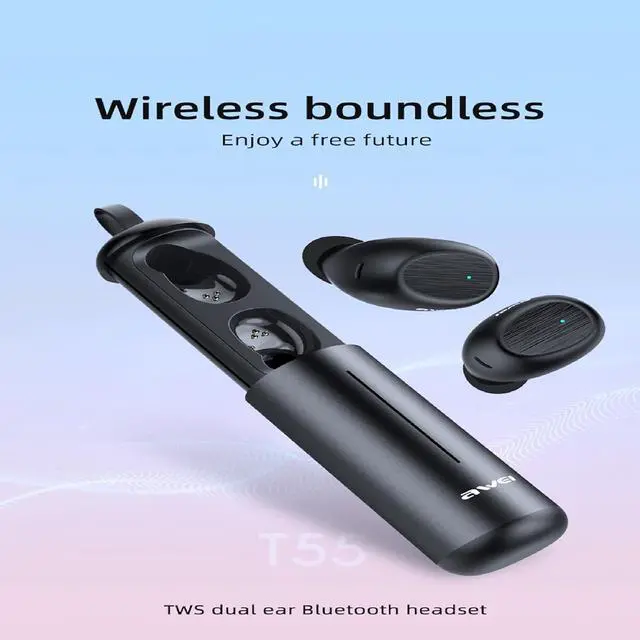 Alt view image 2 of 7 - AWEI T55 Wireless Bluetooth Headphones, Bluetooth Earbuds with Mic, Wireless Earbuds IPX6 Waterproof, 43Hrs Playtime with Charging Case, Clear Calls Earphones for TV Smart Phone Laptop Sports Black