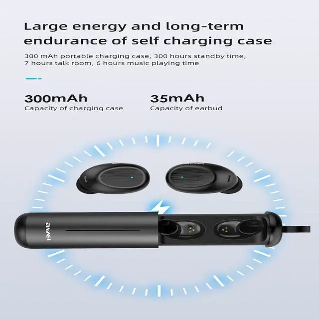 Alt view image 5 of 7 - AWEI T55 Wireless Bluetooth Headphones, Bluetooth Earbuds with Mic, Wireless Earbuds IPX6 Waterproof, 43Hrs Playtime with Charging Case, Clear Calls Earphones for TV Smart Phone Laptop Sports Black