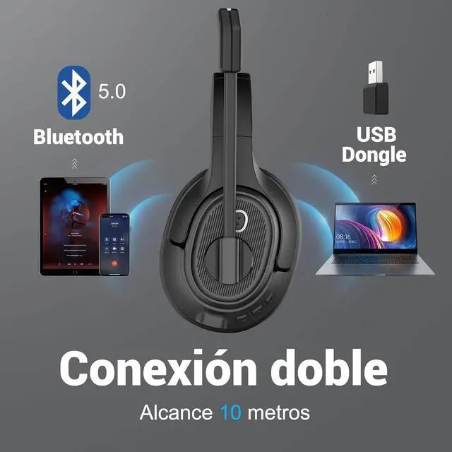 Alt view image 2 of 7 - Bluetooth Headset for PC, Wireless Computer Headphone with AI-Powered Environmental Noise Cancelling Microphone & 2.4G USB Dongle, 55H Playtime, Over Ear Comfort Office Headset for Work, Laptop, Zoom