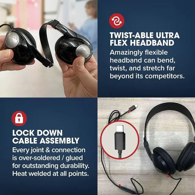 Alt view image 5 of 5 - SENTRY Bulk Rugged School Headphones, Durable for Kids, Students, Teachers, Classrooms, 3.5mm or USB-C Jack Options, Optional Boom Mic for Online Learning (24 Count - USB C With Inline Mic, 24, Count)