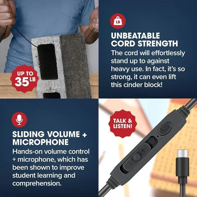 Alt view image 3 of 5 - SENTRY Bulk Rugged School Headphones, Durable for Kids, Students, Teachers, Classrooms, 3.5mm or USB-C Jack Options, Optional Boom Mic for Online Learning (24 Count - USB C With Inline Mic, 24, Count)