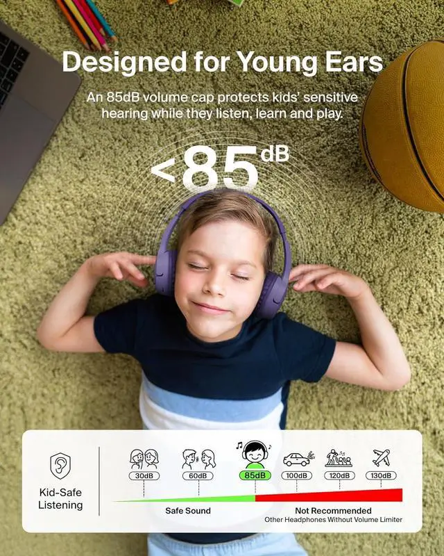 Alt view image 2 of 6 - Belkin Wireless Bluetooth Kids Headphones, 30H Battery, 85dB Safe Volume Limit, Built-in Microphone - Toddler On-Ear Earphones for iPhone, iPad, Fire Tablet, Ideal for School - Blue + Purple