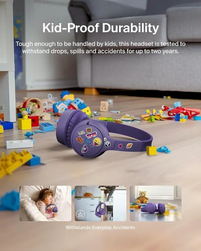 Alt view image 4 of 6 - Belkin Wireless Bluetooth Kids Headphones, 30H Battery, 85dB Safe Volume Limit, Built-in Microphone - Toddler On-Ear Earphones for iPhone, iPad, Fire Tablet, Ideal for School - Blue + Purple