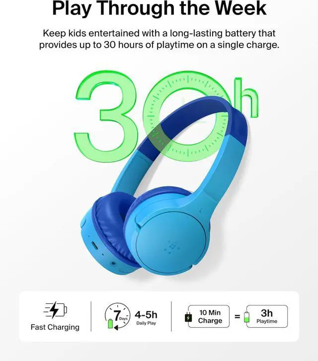 Alt view image 3 of 6 - Belkin Wireless Bluetooth Kids Headphones, 30H Battery, 85dB Safe Volume Limit, Built-in Microphone - Toddler On-Ear Earphones for iPhone, iPad, Fire Tablet, Ideal for School - Blue + Purple