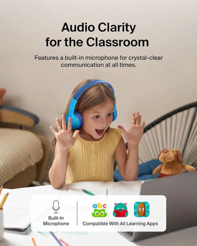 Alt view image 5 of 6 - Belkin Wireless Bluetooth Kids Headphones, 30H Battery, 85dB Safe Volume Limit, Built-in Microphone - Toddler On-Ear Earphones for iPhone, iPad, Fire Tablet, Ideal for School - Blue + Purple