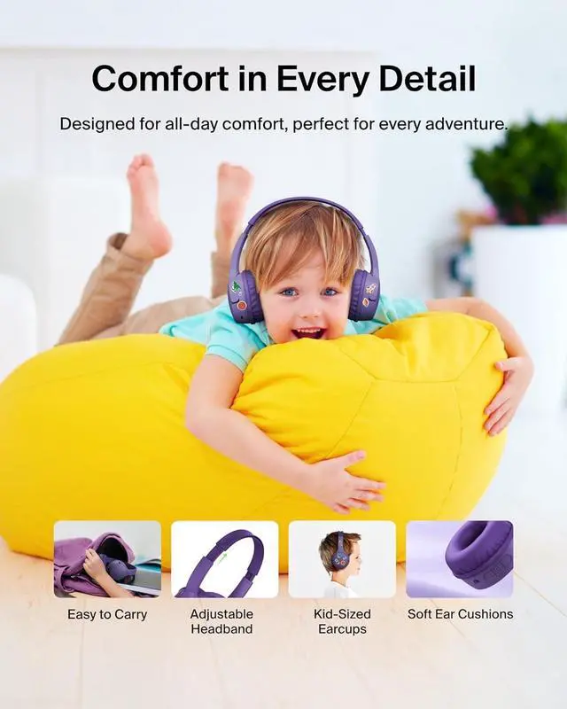 Alt view image 6 of 6 - Belkin Wireless Bluetooth Kids Headphones, 30H Battery, 85dB Safe Volume Limit, Built-in Microphone - Toddler On-Ear Earphones for iPhone, iPad, Fire Tablet, Ideal for School - Blue + Purple